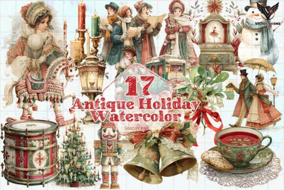 Download Antique Holiday Watercolor Illustration - Holiday Collection