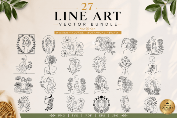 Download 27 Women Floral Line Art Bundle - Floral Collection
