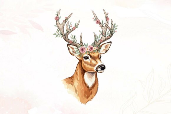 Download Watercolor Deer Head with Floral Antlers - Floral Collection